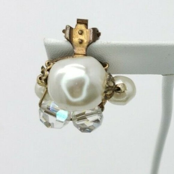 Earrings Clip On Faux Pearl AB Rhinestone Vintage - Picture 10 of 12